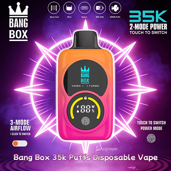 Bang Box 35k Puffs disposable vape with pink-orange body, black circular display, teal logo, and neon starburst background.