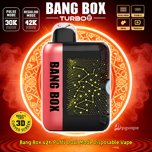 Bang Box 42K Puffs dual-mode disposable vape with pink side panel, black body, and a yellow dotted constellation pattern.
