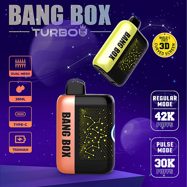 Bang Box Turbo vape pod with 28ml, dual-mesh, USB-C, 750mAh, shown in yellow/black and orange/black against night sky