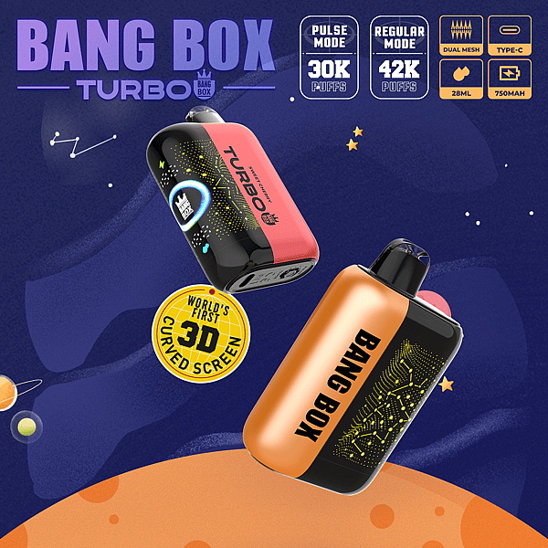 Two Bang Box Turbo vape devices float in a space scene, pink and orange panels with circuit patterns and a yellow 3D curved-screen sticker.