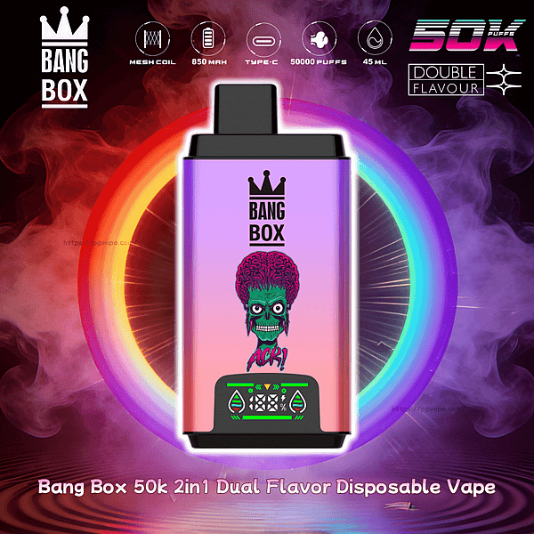 Pink-to-purple Bang Box disposable vape with crown logo and green zombie face, neon ring backdrop, 50k 2in1 Dual Flavor.