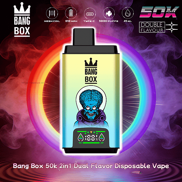 Bang Box 50k 2in1 dual flavor disposable vape with a gradient body, crown logo, and a blue brain graphic.