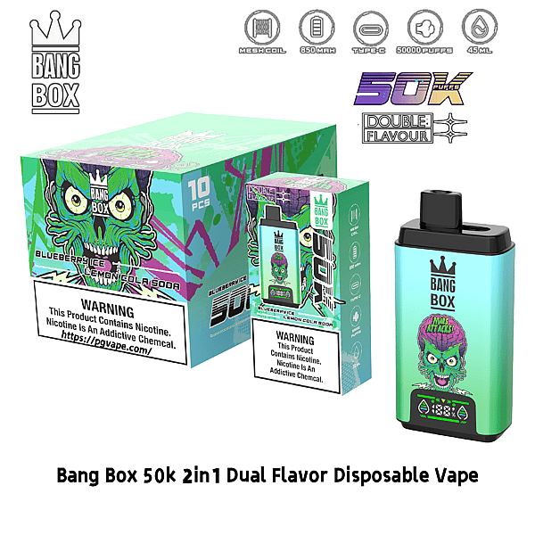 Bang Box 50k dual-flavor disposable vape kit: turquoise gradient device with a monster-face illustration and colorful boxed packaging.