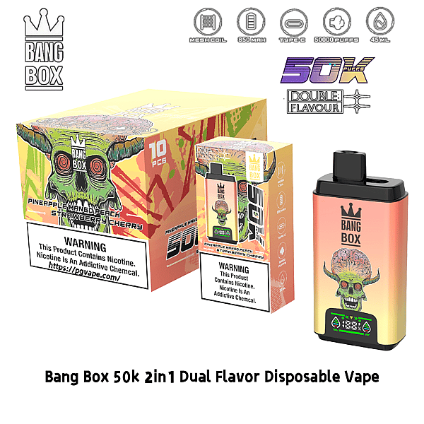 Bang Box 50k 2in1 Dual Flavor Disposable Vape with skullbrain art; Pineapple, Mango, Peach, Strawberry, Cherry; 10-pack.