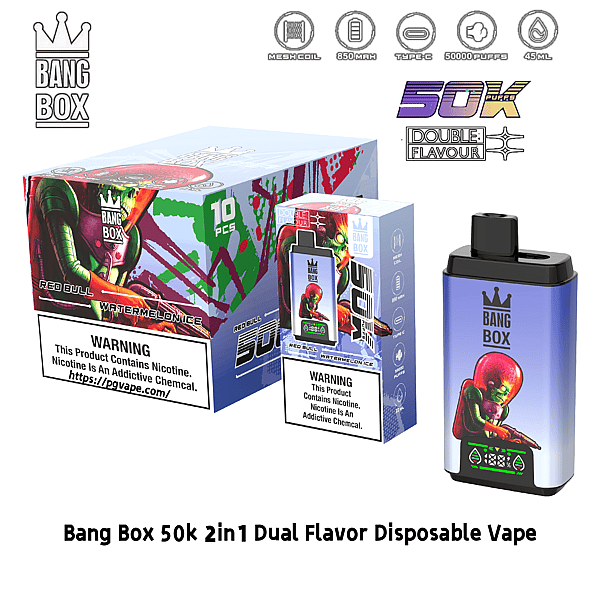 Bang Box 50k 2in1 dual-flavor disposable vape with a blue gradient device and packaging featuring Red Bull Watermelon Ice art.