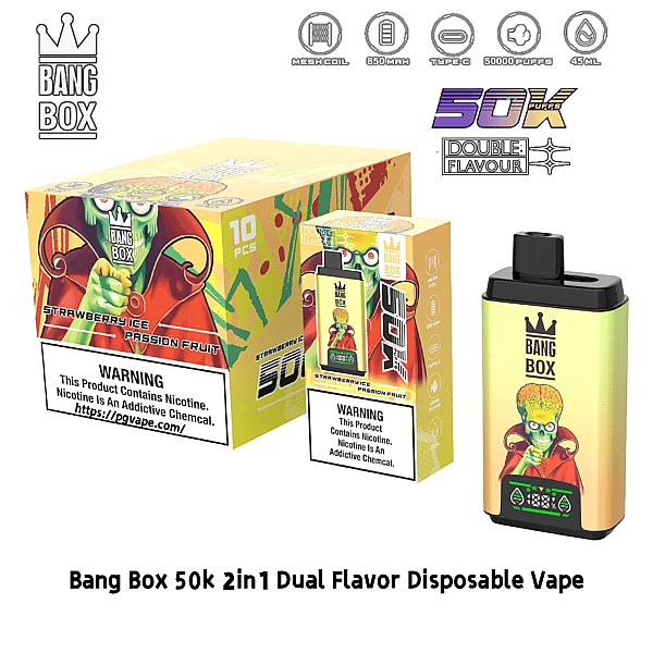 Bang Box 50K dual-flavor disposable vape kit with strawberry ice passion fruit, yellow-green device, and vivid packaging.