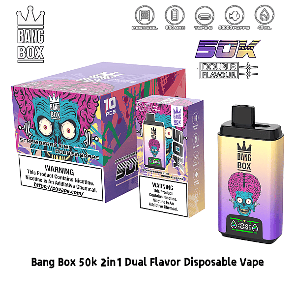 Bang Box 50k dual-flavor disposable vape with Strawberry Kiwi and Double Grape; gradient device.