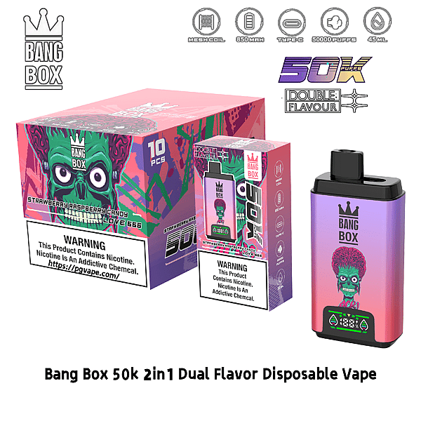 Bang Box 50k 2in1 dual-flavor disposable vape with pink-purple gradient, colorful packaging and crown logo.