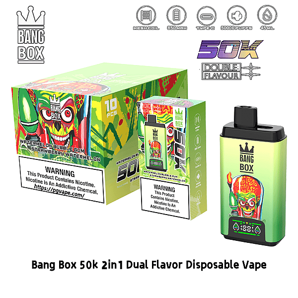 Bang Box 50k 2in1 dual flavor disposable vape with green skull artwork and watermelon-strawberry packaging.
