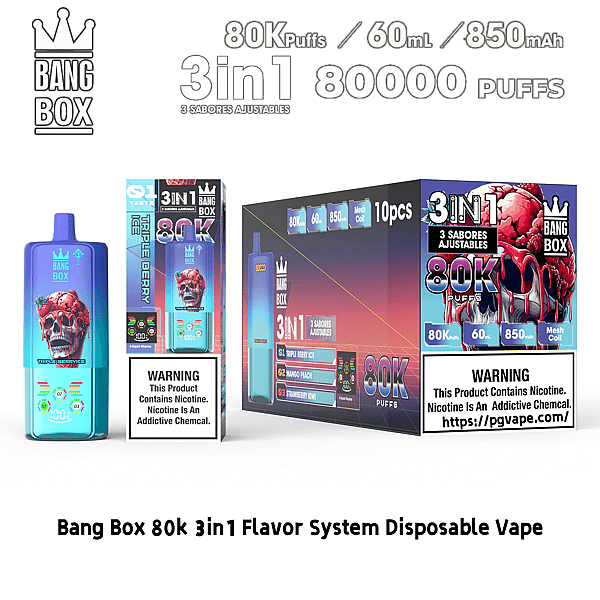 Bang Box 80K 3in1 disposable vape kit with 80K puffs 60ml and 850mAh featuring adjustable flavors and a blue skull design.