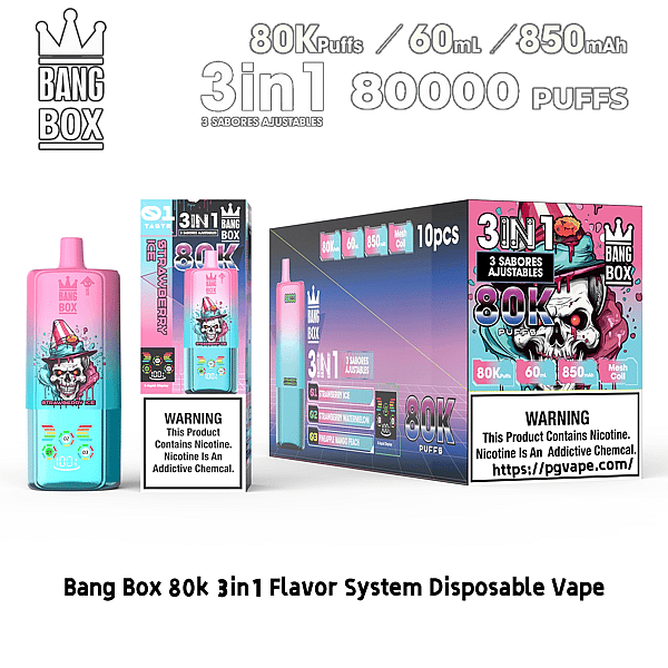 Bang Box 80k 3-in-1 disposable vape with pink gradient bottle and skull-themed packaging, 80K puffs, 60 ml, 850 mAh.