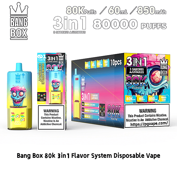 Bang Box 3in1 disposable vape kit with blue pineapple coconut bottle and colorful boxed flavors, 80K puffs, 60ml, 850mAh.