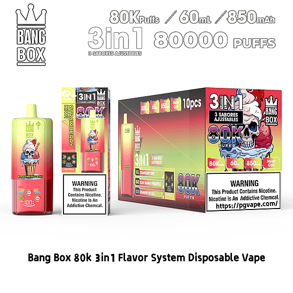 Bang Box 80K puffs 3in1 disposable vape set with colorful gradient boxes and lime-green device.