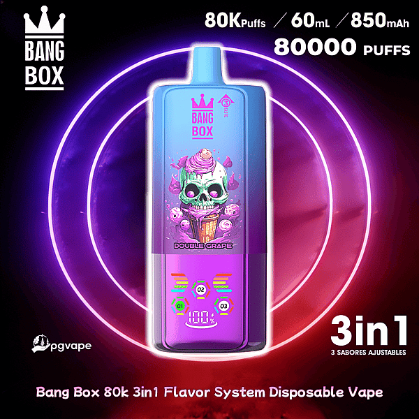 Bang Box 3in1 disposable vape with blue purple gradient, skull artwork and Double Grape flavor, neon ring backdrop.