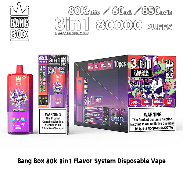 Bang Box 80K 3in1 flavor system disposable vape with pink gradient device featuring skull crown art and bold packaging.
