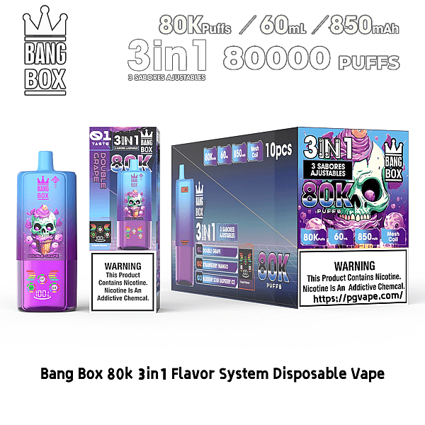 Bang Box 80K 3in1 flavor system disposable vape with a purple gradient device featuring skull artwork and matching packaging.