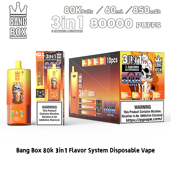 Bang Box 3in1 flavor-system disposable vape with 80K puffs, 60 ml, 850 mAh and three adjustable flavors.