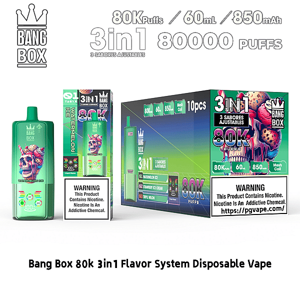 Bang Box 80K 3in1 flavor system disposable vape in green with Watermelon Ice flavor and three adjustable flavors.
