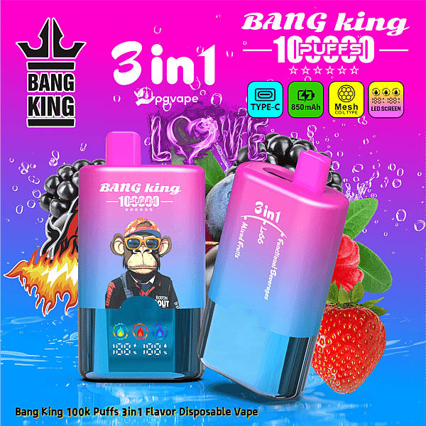Two pink-to-blue gradient Bang King 3in1 disposable vapes with 100k puffs, a cartoon monkey on the label and fruit imagery.