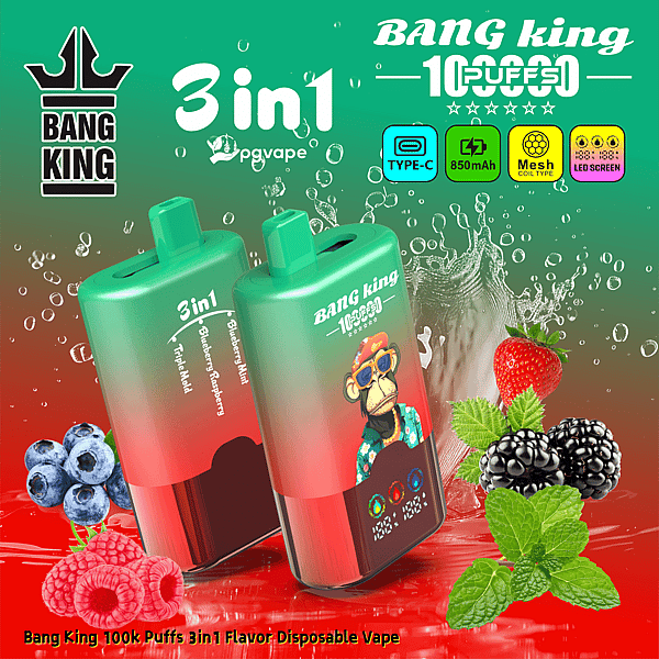 Two green Bang King 3in1 disposable vape devices with cartoon monkey, berries and mint, featuring Type-C and 850mAh.