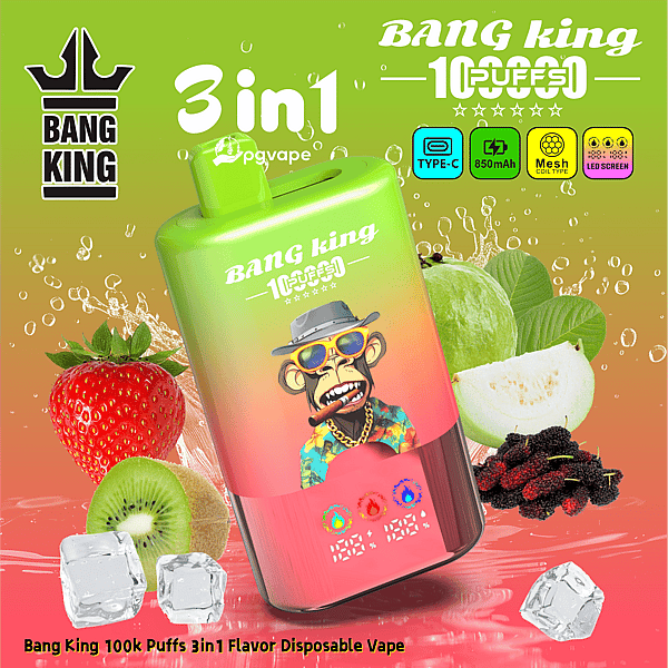 Gradient green-to-pink Bang King 3-in-1 disposable vape with 100k puffs, surrounded by fruit slices, ice cubes, and bubbles.