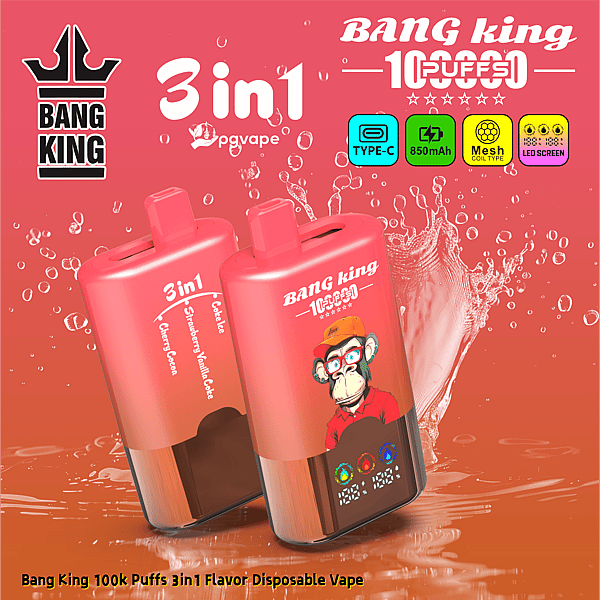 Two pink Bang King 3in1 disposable vape devices with a cartoon monkey graphic on the front, set against a pink splash background.