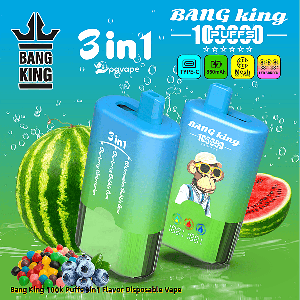 Two blue Bang King 3in1 disposable vape pens with gradient bases, featuring a monkey in sunglasses, set against a watermelon and berry background.