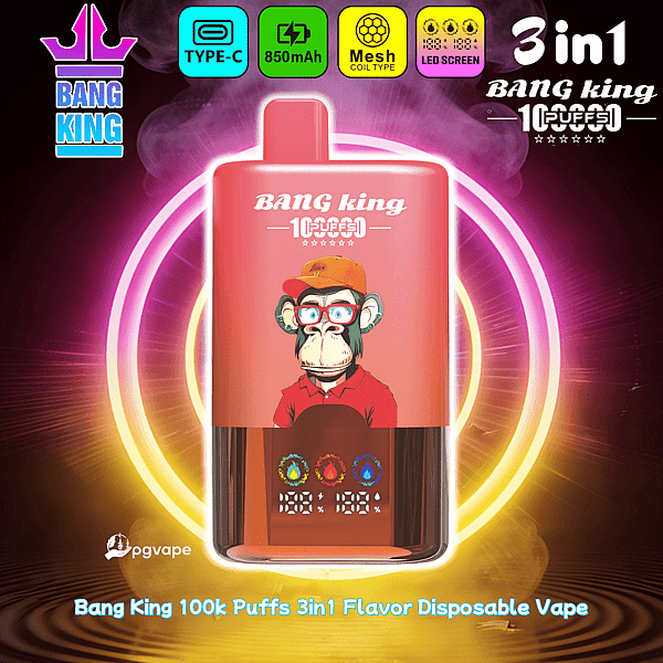 Pink Bang King 3in1 flavor disposable vape with a cartoon monkey on the label and neon glow rings behind it.