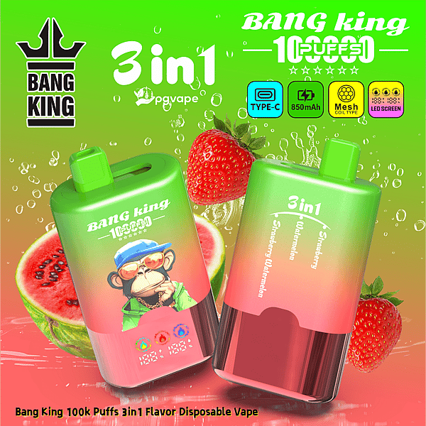 Bang King 3in1 disposable vape with a cartoon monkey on a green gradient background, surrounded by strawberries and watermelon.