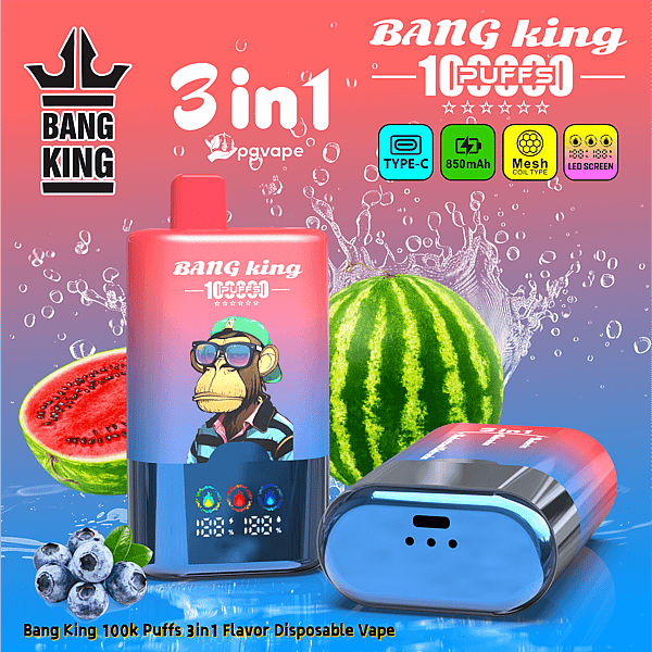 Bang King 3in1 disposable vape ad with a pink gradient bottle, cartoon monkey, fruit such as watermelon and blueberries.