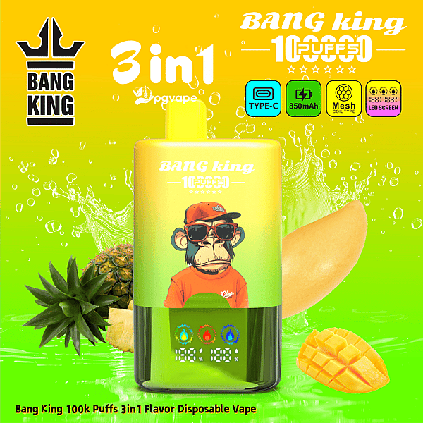 Lime-yellow Bang King 3in1 disposable vape bottle featuring a cartoon monkey in a red cap and sunglasses, with pineapple and mango imagery.