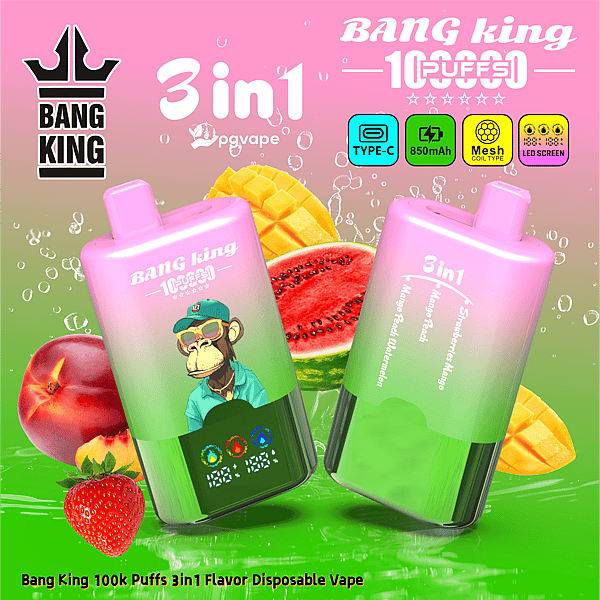 Pair of pink-to-green Bang King 3in1 disposable vape devices with a monkey mascot, fruit graphics, and Type-C/850mAh features.