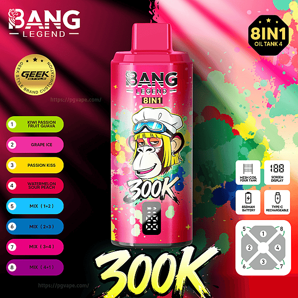 Bright pink Bang Legend 8IN1 vape can featuring a cartoon monkey wearing goggles and multicolor paint splatters.