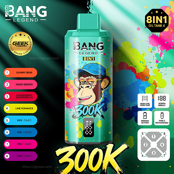 Teal Bang Legend 8IN1 vape bottle with 300K graphic, set against a colorful paint-splatter background.