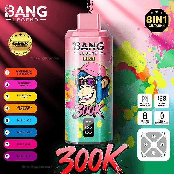 Bright pink Bang Legend 8IN1 vape bottle with a cartoon gorilla in a pink cap and splashes, plus flavor labels on the left.