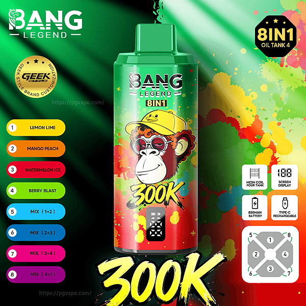 Green Bang Legend 8IN1 bottle with 300K label, neon background, paint splatters, and flavor list on the left.