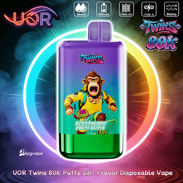 UOR Twins 80K disposable vape, purple and green, featuring a cartoon monkey; Kiwi Passion Fruit Guava flavor.