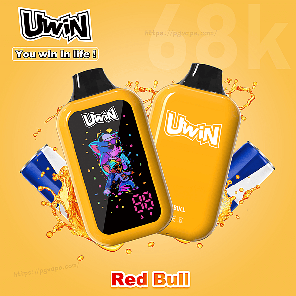Two yellow Uwin vape pods with black caps; one shows a cartoon image, orange splash background, and Red Bull branding.