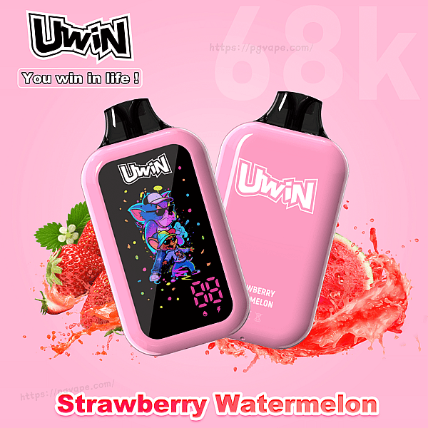 Two pink Uwin vape devices, one with a cartoon display and the other with Uwin logo, strawberry watermelon splash backdrop.