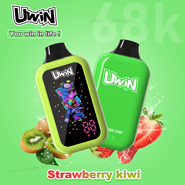 Two lime-green Uwin vape pods, one with a cartoon display and the other with the Uwin logo, on a strawberry-kiwi background.