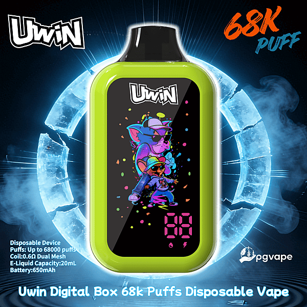 Lime-green Uwin disposable vape with a black screen showing colorful cartoon characters, surrounded by blue glow and 68k puffs.
