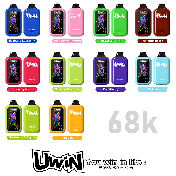 Colorful grid of UWIN disposable vape devices in bright housings, each showing flavor names like Blueberry Raspberry, Watermelon Ice, Strawberry Kiwi, Cherry Ice.