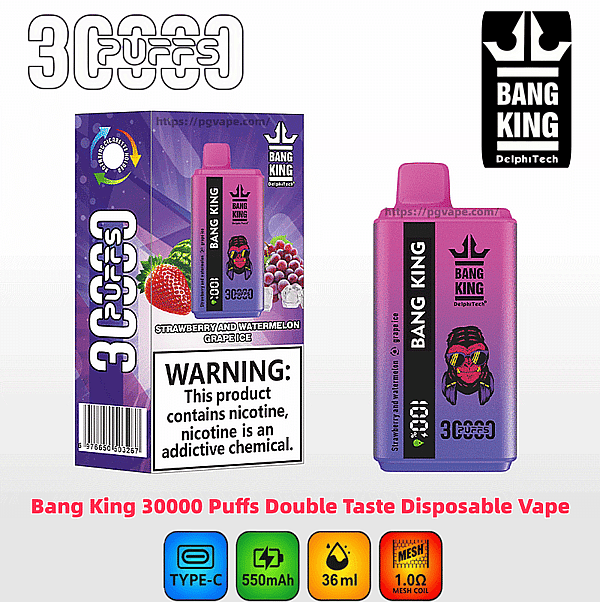Boxed and loose Bang King disposable vape in a purple‑pink gradient labeled 30000 puffs, showing strawberry and watermelon grape ice flavor art, a prominent nicotine‑warning panel, brand logo with a stylized character, and icons for Type‑C, 550mAh, 36ml and 1.0Ω mesh coil.
