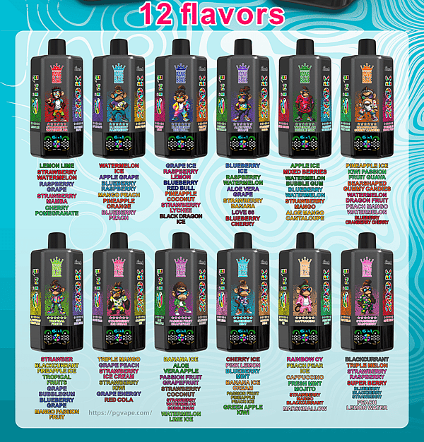 Two rows of Bang energy drink bottles with cartoon characters on the labels, colorful flavor names, and a 12 flavors banner.