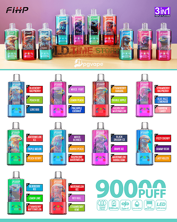 Colorful FIHP disposable vape devices displayed with flavor labels and a large 9000 PUFF graphic.