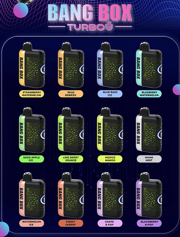 Grid of Bang Box Turbo vape devices with color-coded bands, arranged in four columns by three rows, each with a flavor label.