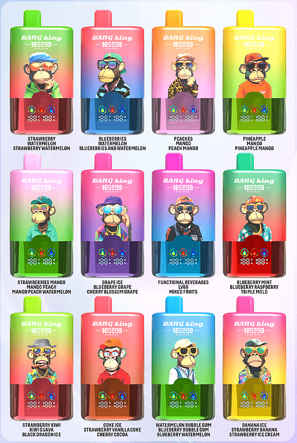 Four-by-four grid of Bang King vape bottles with colorful gradients and monkey sunglasses; each shows flavor pairings.