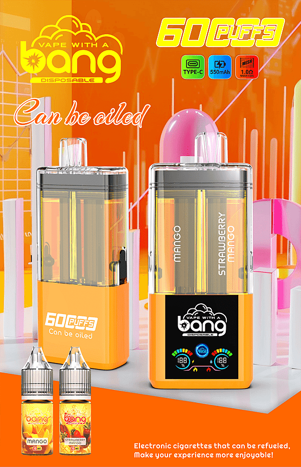 Two orange disposable vape devices with clear tanks labeled Mango and Strawberry Mango on a bright orange background.