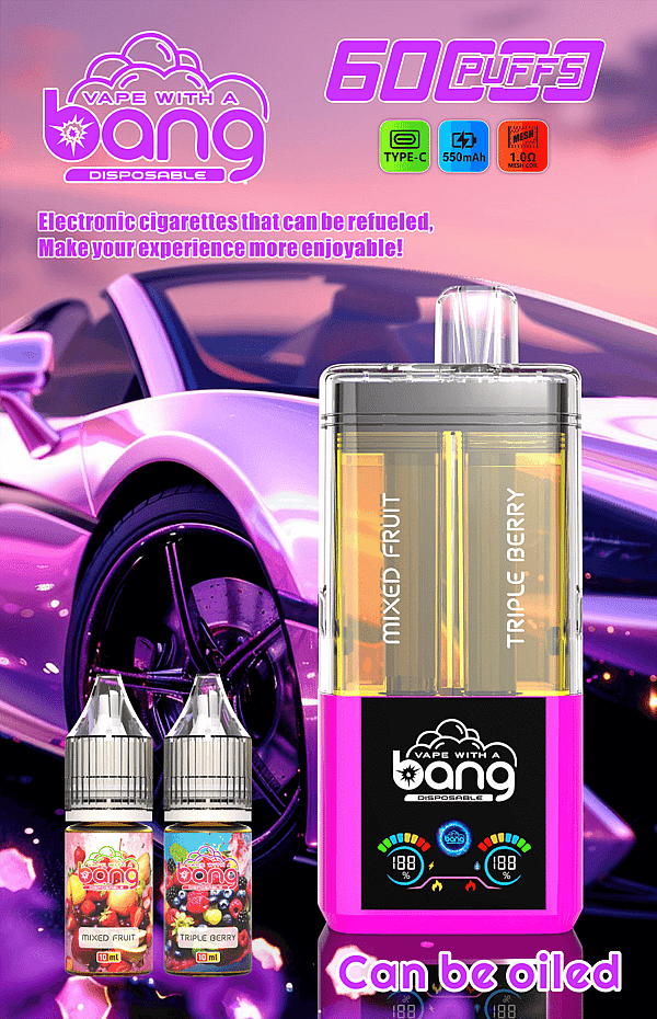 Pink disposable vape with a clear pod labeled Mixed Fruit and Triple Berry set against a purple car background, 60 puffs.
