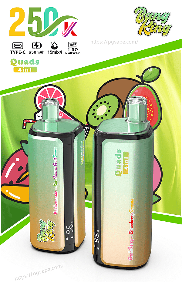 Two Bang King Quads 4-in-1 vape pods with fruity artwork on bright packaging.